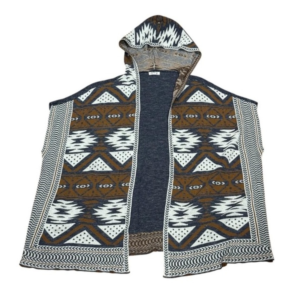 Ardene Poncho Womens One Size Brown Blue White Hooded Open Front Aztec Ruana